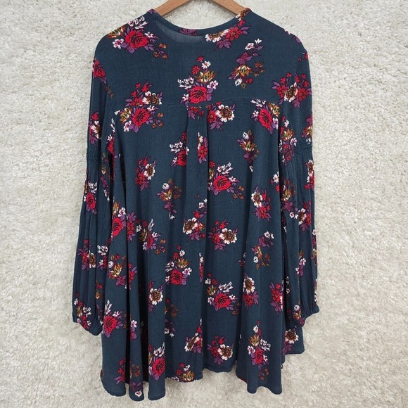 Free People Top Small Blue Flower Swing Tunic Keyhole Oversized Boho Beach Dress - Picture 9 of 14